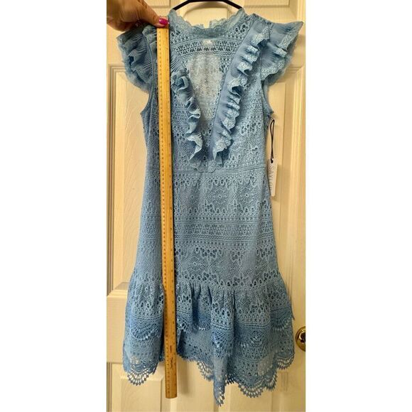NWT Saylor Zazie Dusk Blue Lace Ruffle Meager Sleeves Lined Mini Dress Size XS - Picture 9 of 12